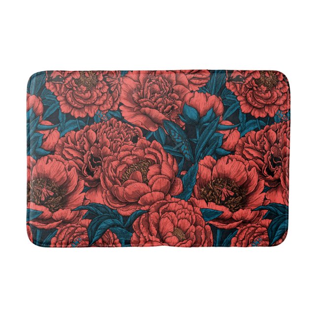 Red peony flowers and moths bath mat (Front)
