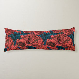 Red peony flowers and moths body cushion