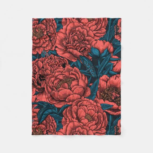 Red peony flowers and moths fleece blanket (Front)