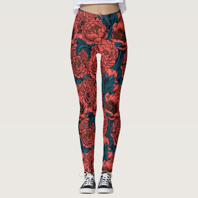 Red peony flowers and moths leggings (Front)