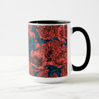 Red peony flowers and moths