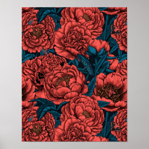 Red peony flowers and moths poster