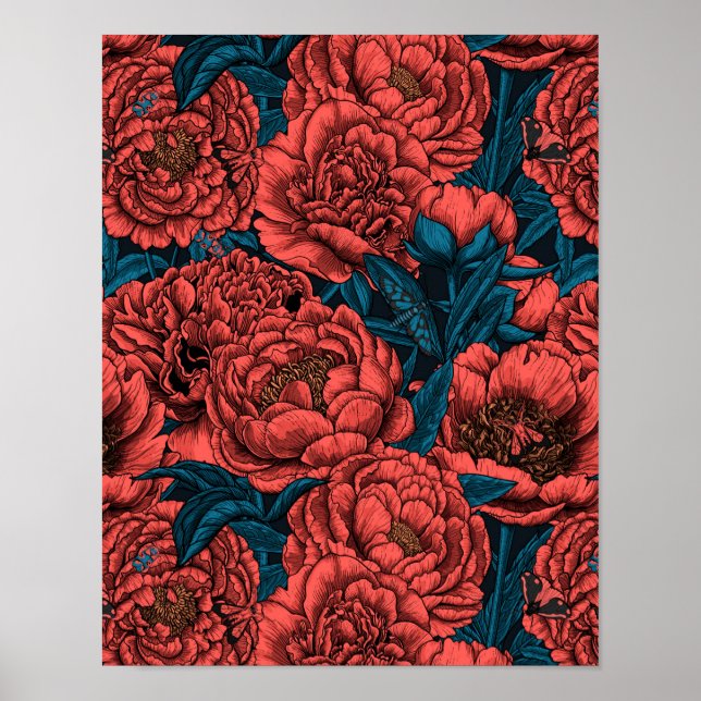 Red peony flowers and moths poster (Front)
