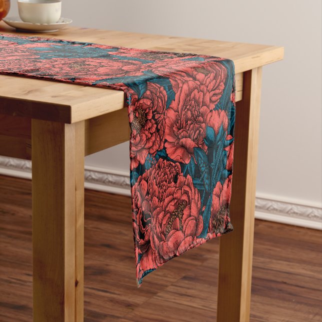 Red peony flowers and moths short table runner (In Situ)