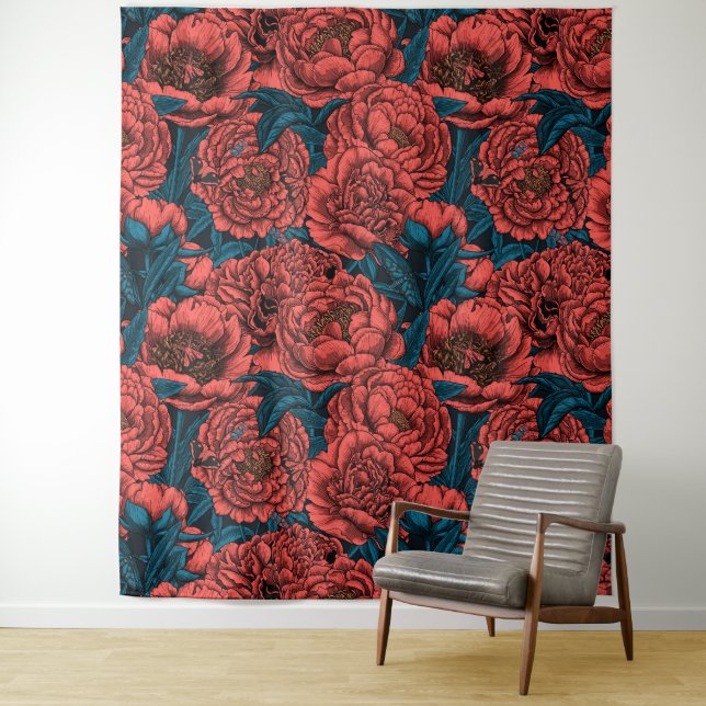 Red peony flowers and moths tapestry (In Situ)