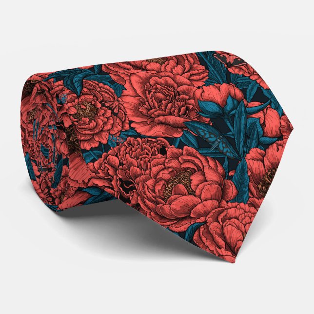 Red peony flowers and moths tie (Rolled)