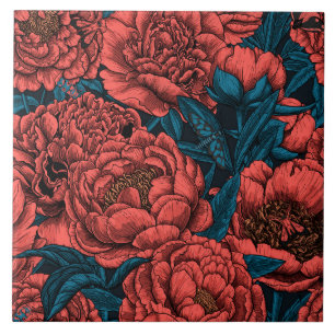 Red peony flowers and moths tile