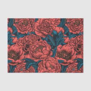 Red peony flowers and moths tissue paper