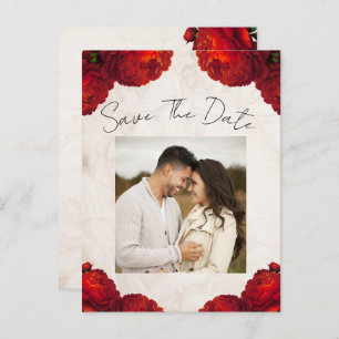 Red Peony Flowers Vintage Save the Date Announcement Postcard