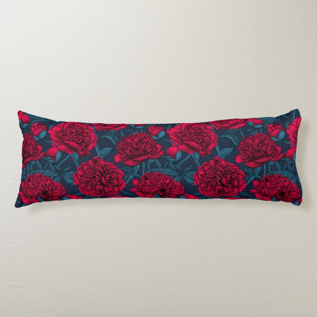 Red peony garden on dark blue body cushion (Front)