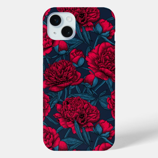 Red peony garden on dark blue Case-Mate iPhone case (Back)