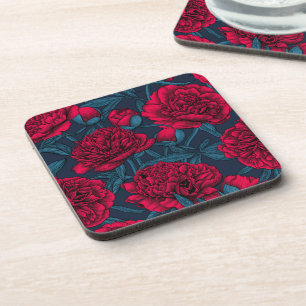 Red peony garden on dark blue coaster