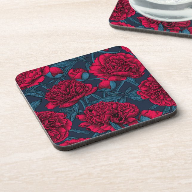 Red peony garden on dark blue coaster (Left Side)