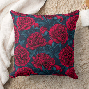 Red peony garden on dark blue cushion