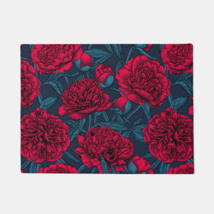 Red peony garden on dark blue doormat
