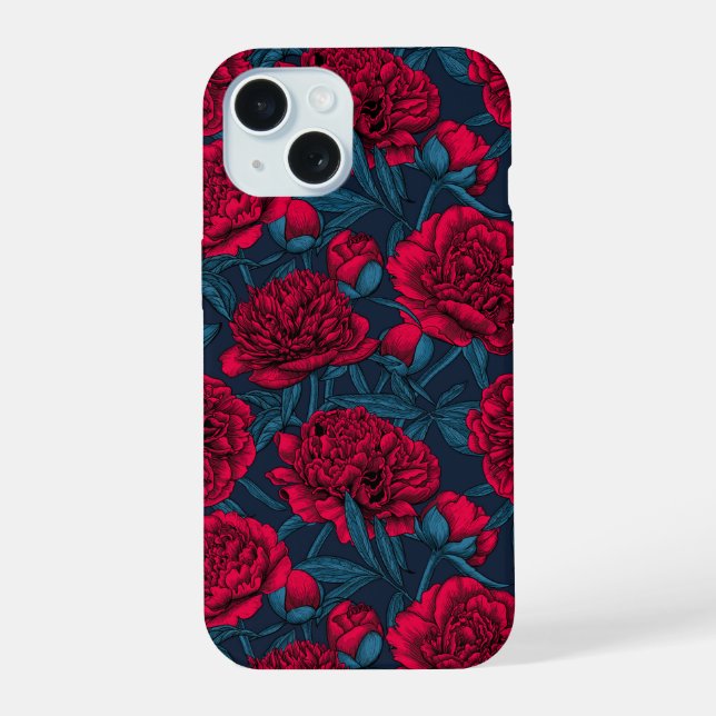 Red peony garden on dark blue iPhone 15 case (Back)