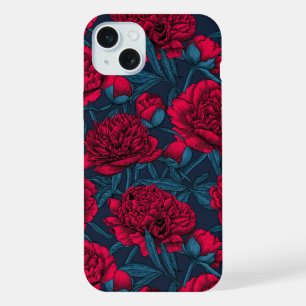 Red peony garden on dark blue iPhone 15 plus case
