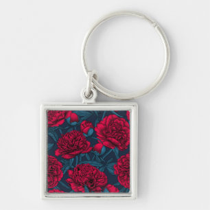 Red peony garden on dark blue key ring