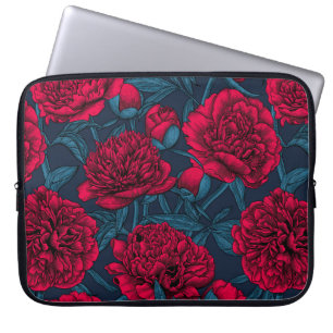 Red peony garden on dark blue laptop sleeve