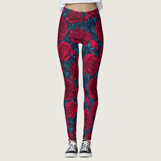 Red peony garden on dark blue leggings (Front)