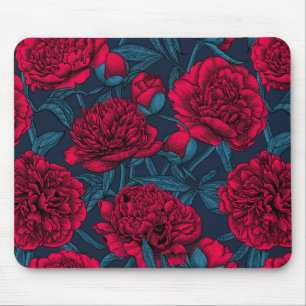 Red peony garden on dark blue mouse mat