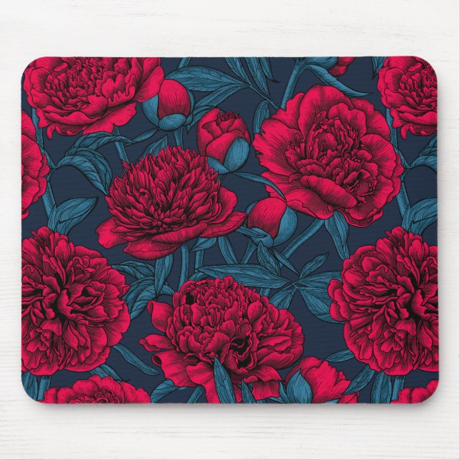Red peony garden on dark blue mouse mat (Front)