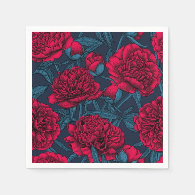 Red peony garden on dark blue napkin (Front)