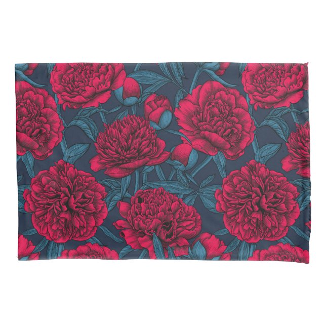 Red peony garden on dark blue pillowcase (Front)