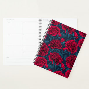 Red peony garden on dark blue planner