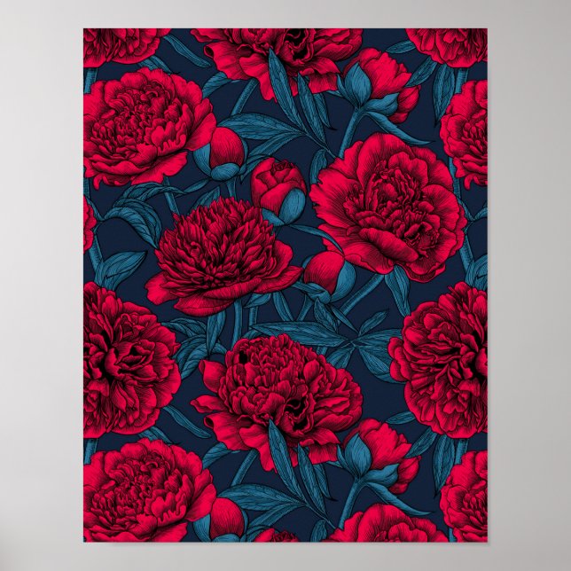 Red peony garden on dark blue poster (Front)