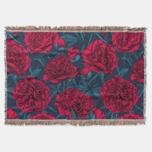 Red peony garden on dark blue throw blanket