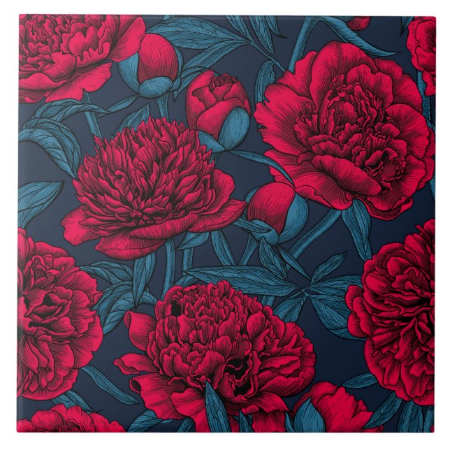Red peony garden on dark blue tile (Front)