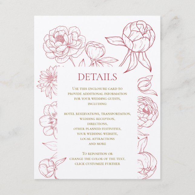 Red Peony Line Drawing Wedding Invitation, Details Enclosure Card (Front)