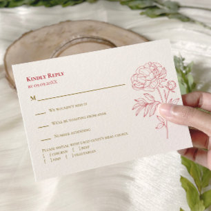 Red Peony Line Drawing Wedding Invitation, RSVP Card