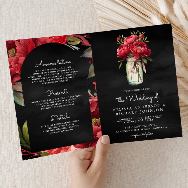 Red Peony Mason Jar QR Code Charcoal Wedding Invitation (Creator Uploaded)