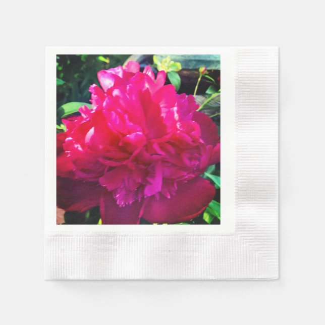 Red Peony Napkins, Coined Cocktail Paper Napkins (Front)
