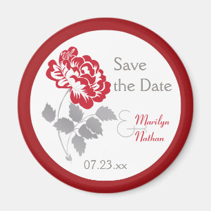 Red Peony on White Wedding Favour Magnet