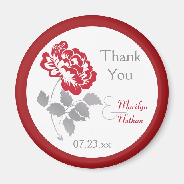 Red Peony on White Wedding Favour Magnet (Front)