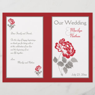 Red Peony on White with Taupe Wedding Program