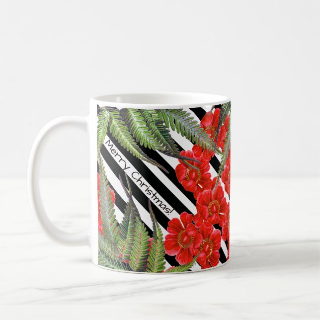 Red Peony Rose Flowers Striped Merry Christmas Mug (Left)