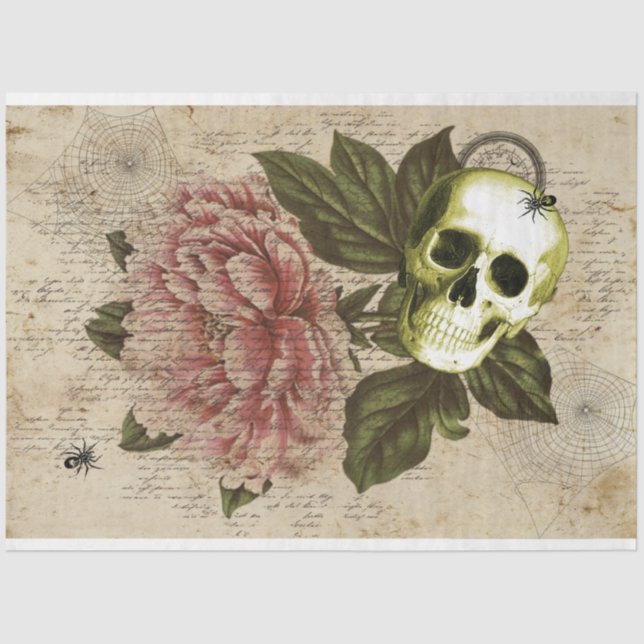 Red Peony Steampunk Skull Ephemera Tissue Paper (Front)