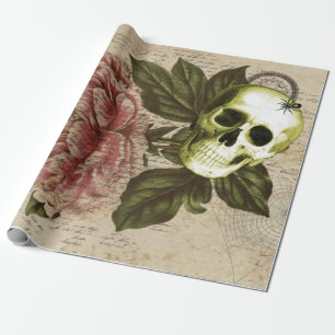 Red Peony Steampunk Skull Ephemera  Wrapping Paper