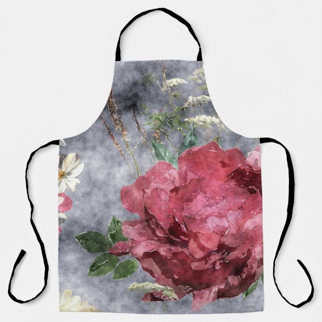 Red Peony Watercolor Floral Pattern Apron (Front)