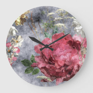 Red Peony Watercolor Floral Pattern Large Clock