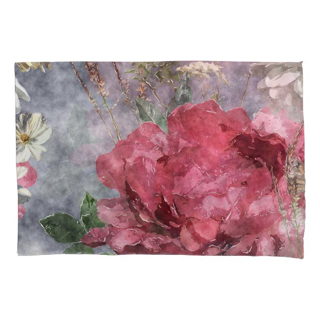 Red Peony Watercolor Floral Pattern Pillowcase (Front)