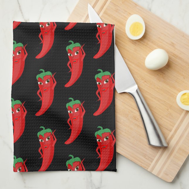 Red Pepper Diva Cartoon Pattern On Black  Tea Towel (Quarter Fold)