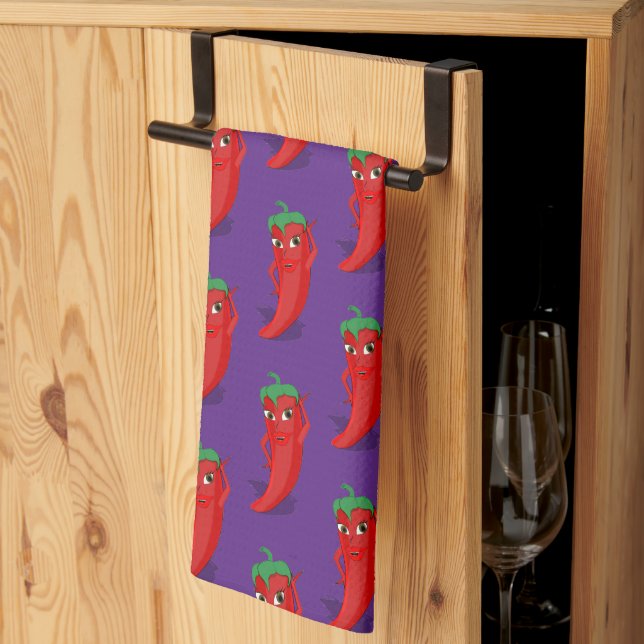 Red Pepper Diva Cartoon Pattern On Purple  Tea Towel (Thirds Fold)