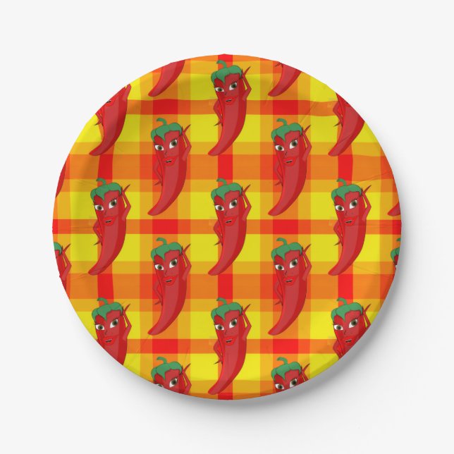 Red Pepper Diva Orange Yellow Plaid Pattern Paper Plate (Front)