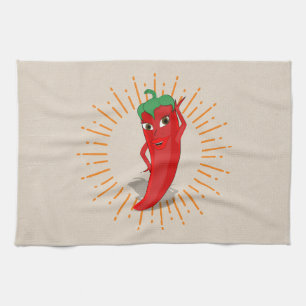 Red Pepper Diva With Vintage Sunburst Drawing Tea Towel