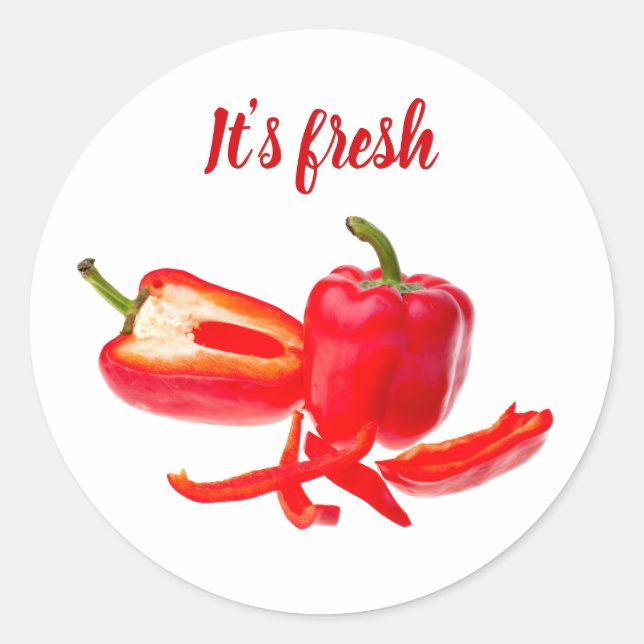 Red pepper fresh healthy photo with text classic round sticker (Front)